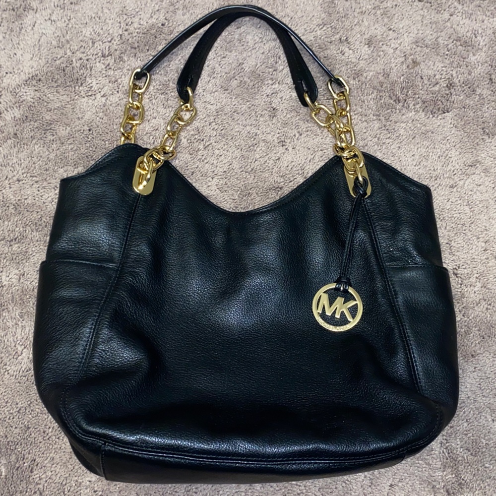 Michael Kors Black Leather Shoulder Bag with Gold Details
